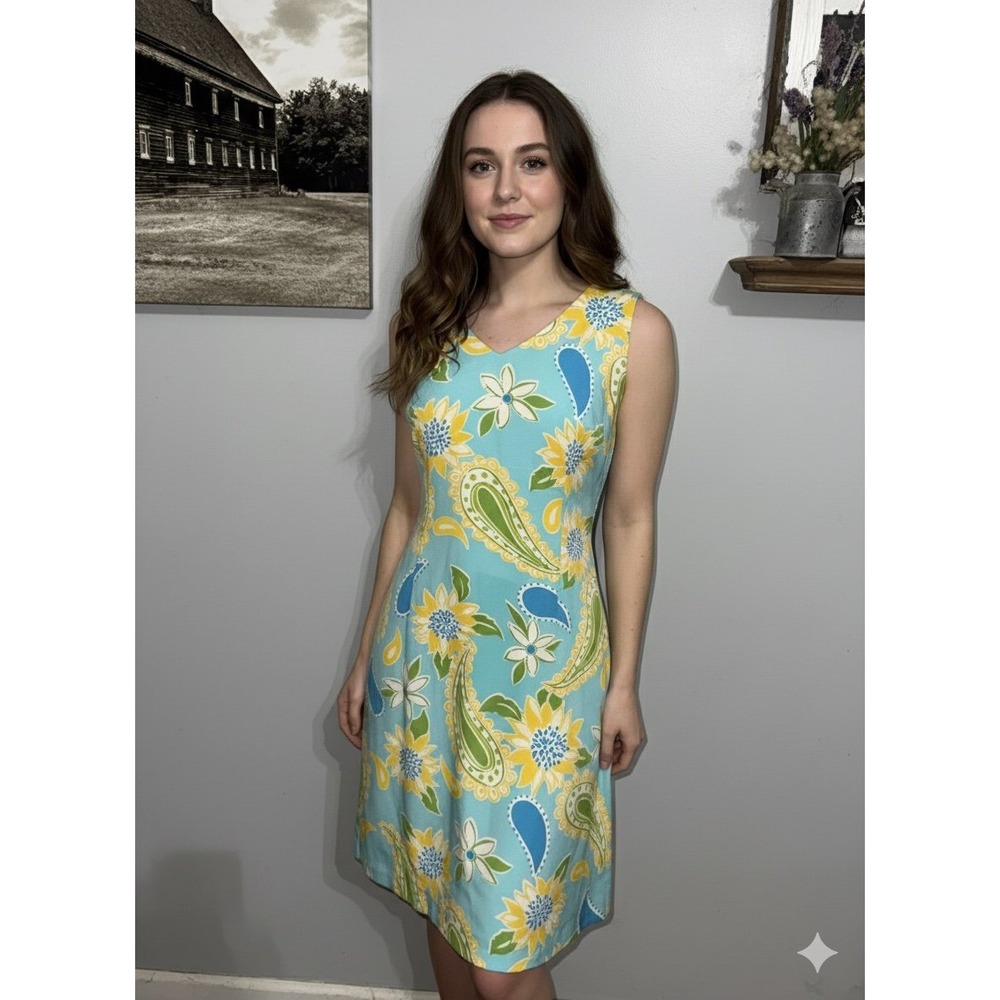Lilly Pulitzer white label silk dress blue yellow white paisley floral‎ womens 6